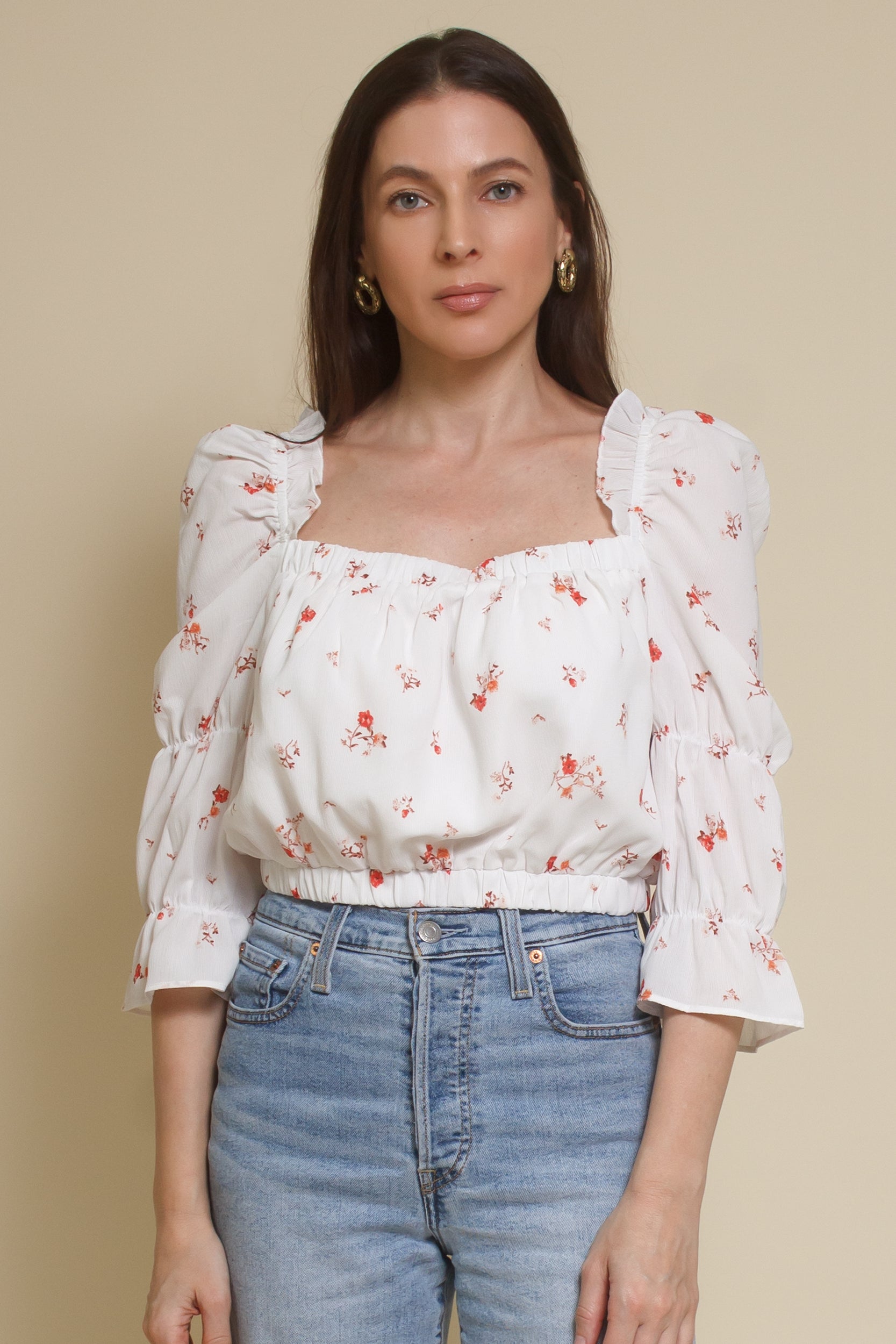 Wild Honey floral peasant top, in white.