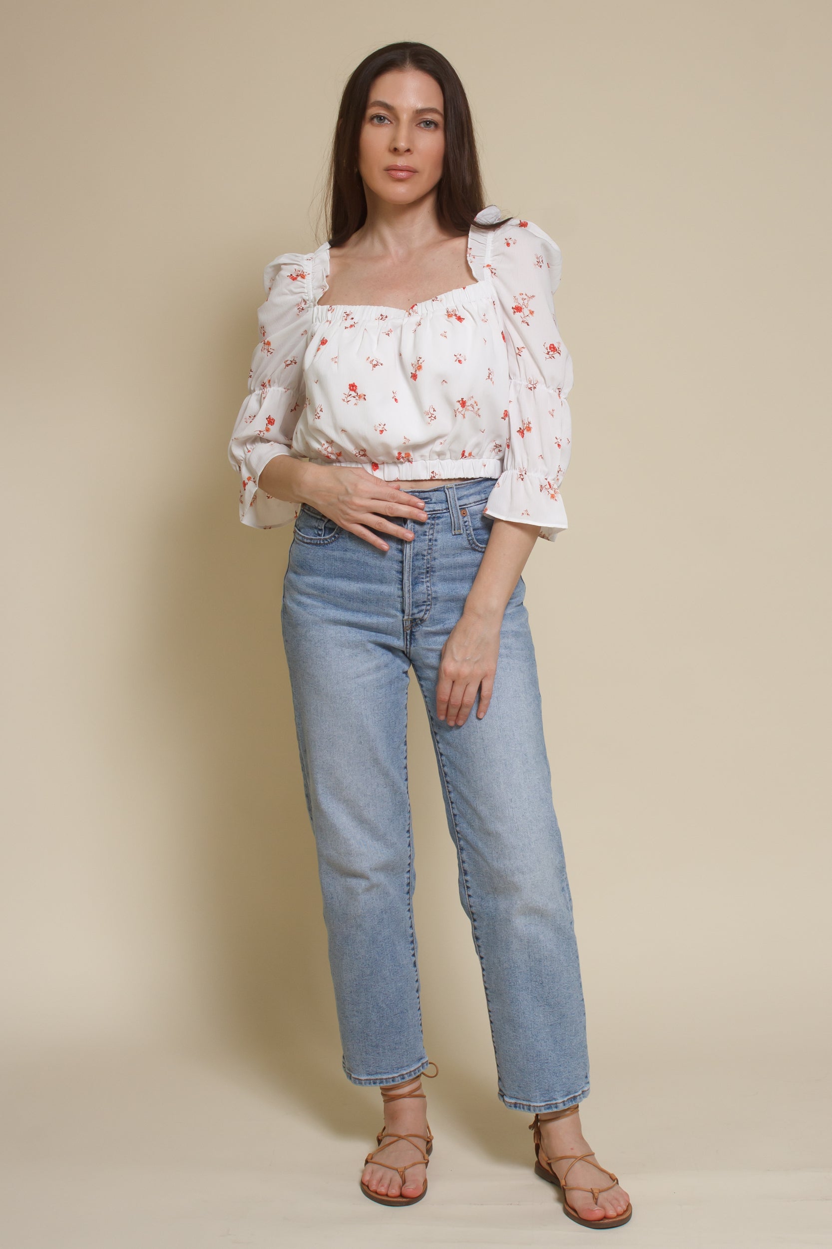 Wild Honey floral peasant top, in white.