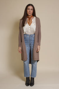 Wishlist button front long cardigan in mocha.