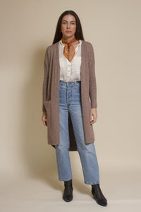 Wishlist button front long cardigan in mocha.