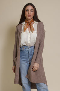 Wishlist button front long cardigan in mocha.