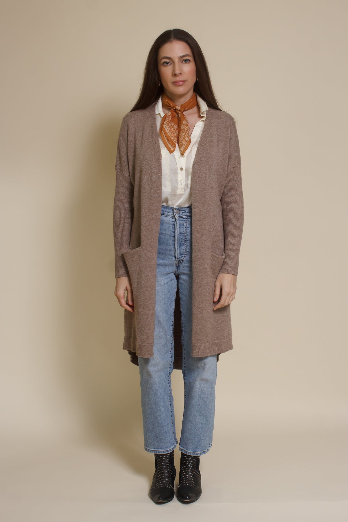 Wishlist button front long cardigan in mocha.