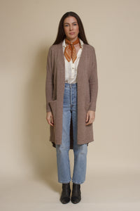 Wishlist button front long cardigan in mocha.