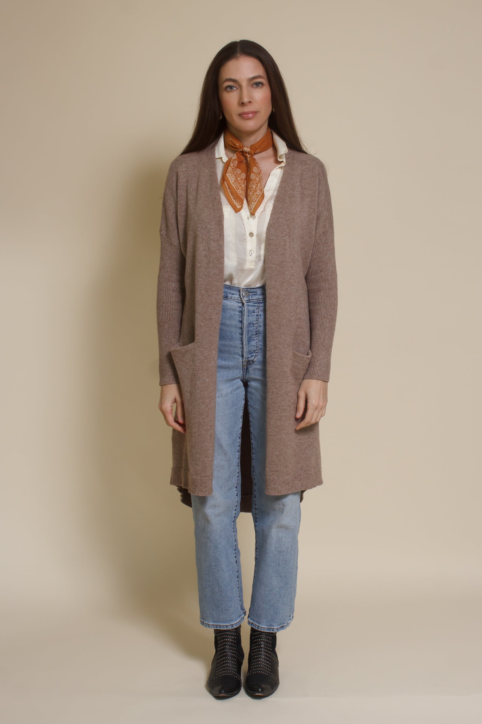 Wishlist button front long cardigan in mocha.