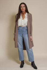 Wishlist button front long cardigan in mocha.