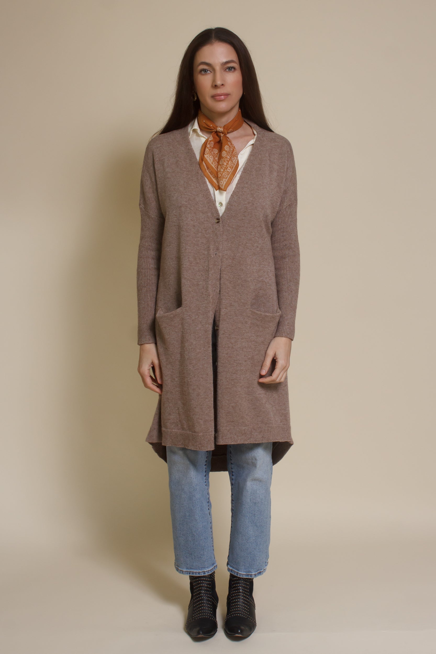 Wishlist button front long cardigan in mocha.
