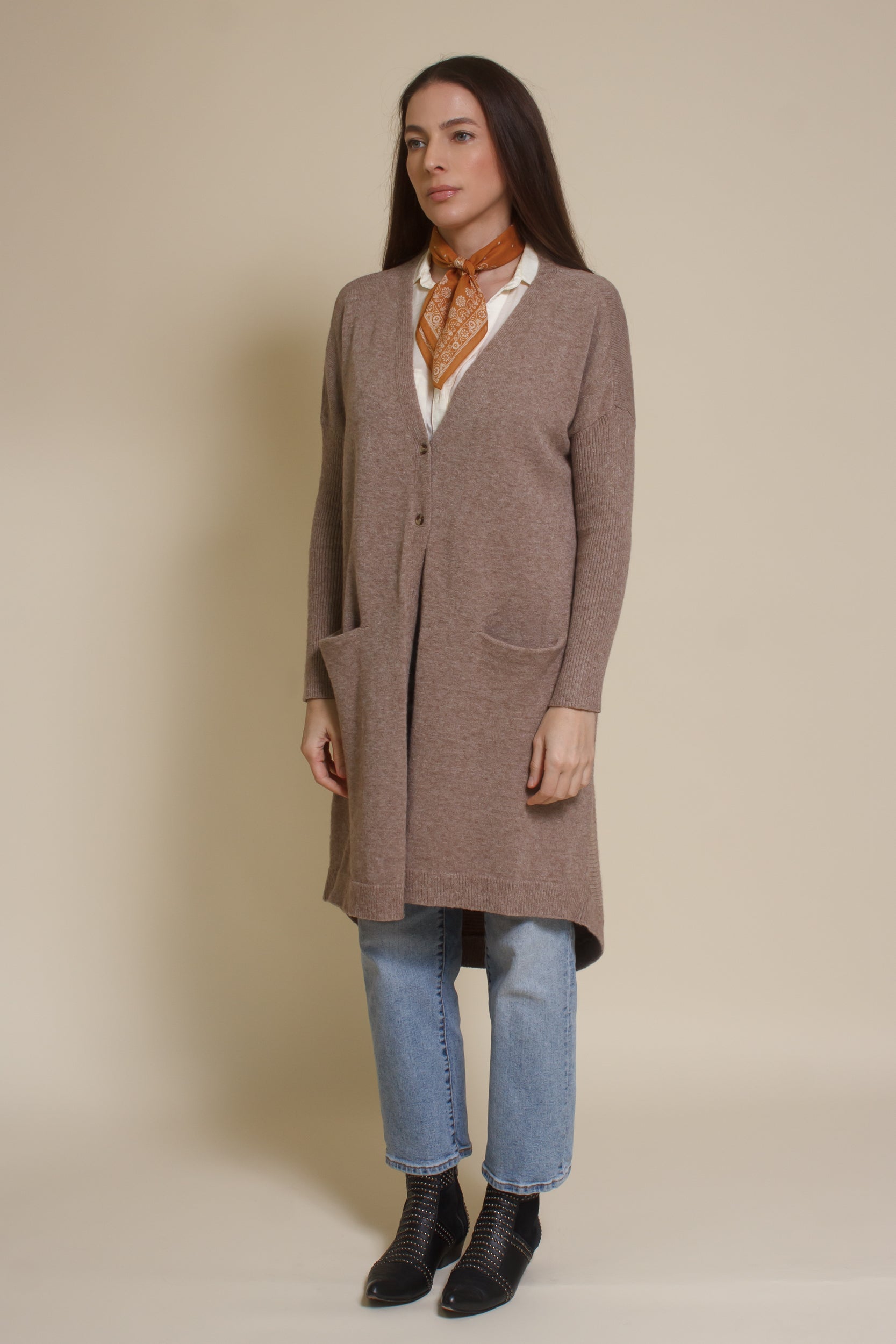 Wishlist button front long cardigan in mocha.
