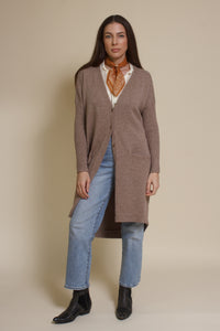 Wishlist button front long cardigan in mocha.