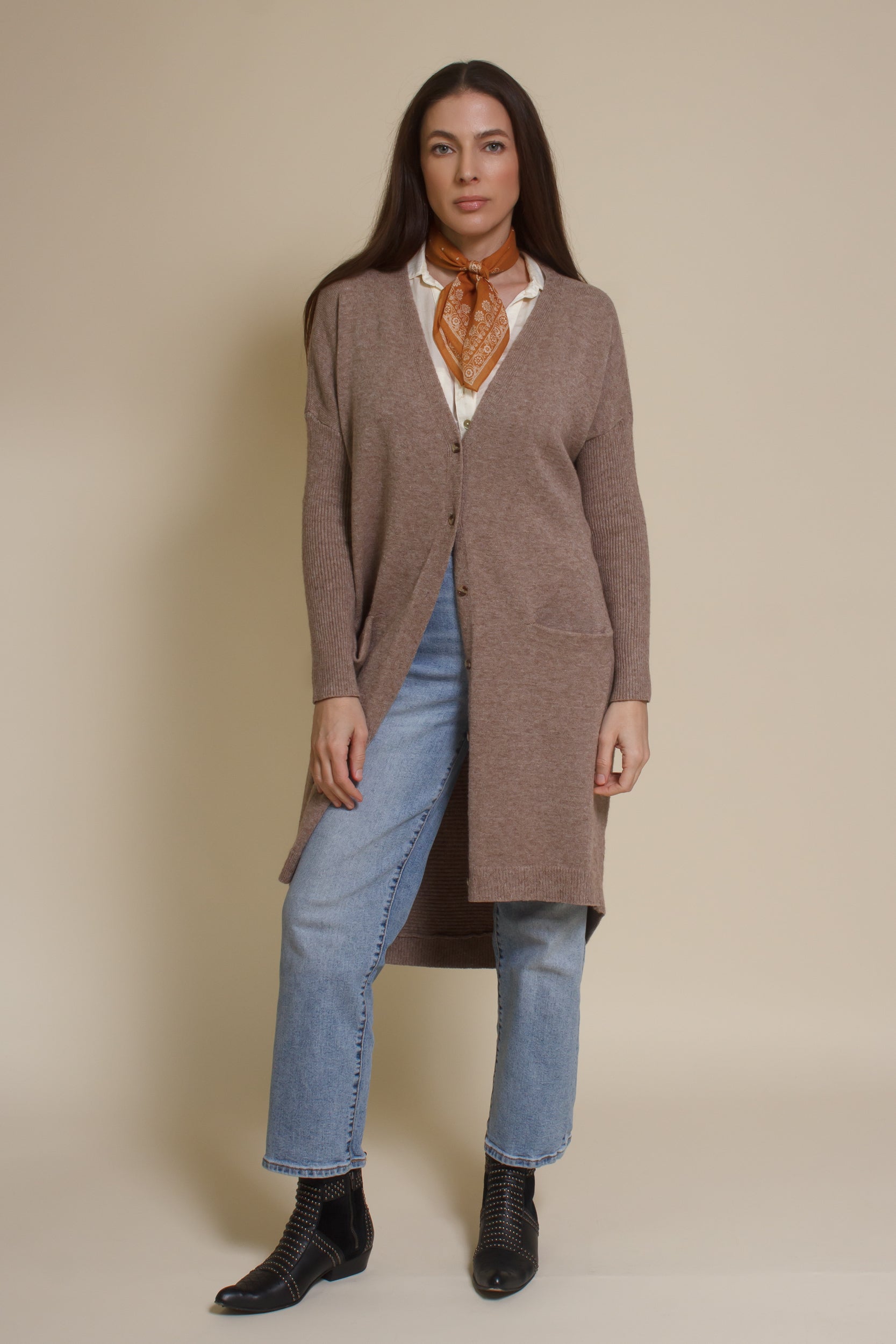 Wishlist button front long cardigan in mocha.