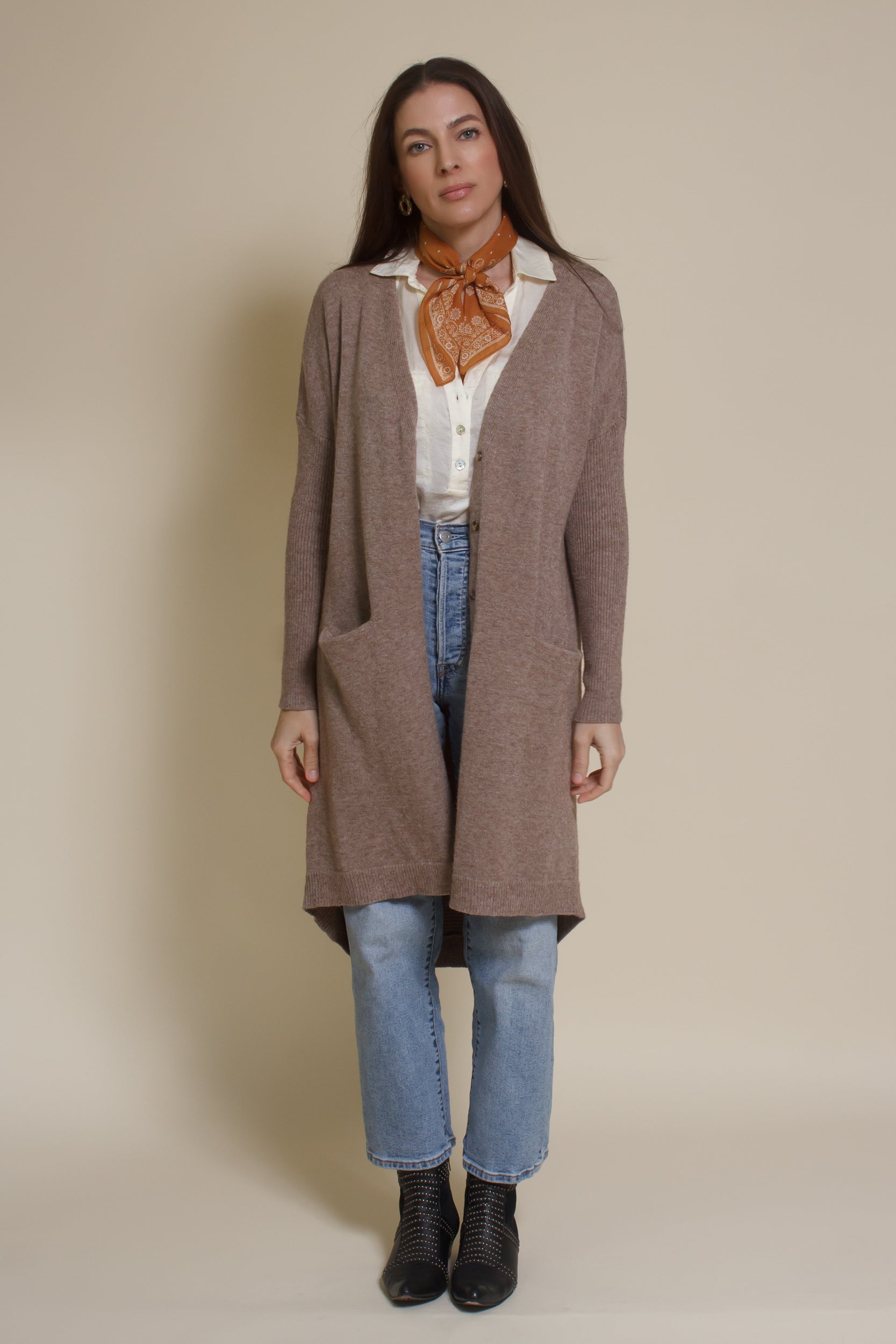 Wishlist button front long cardigan in mocha.