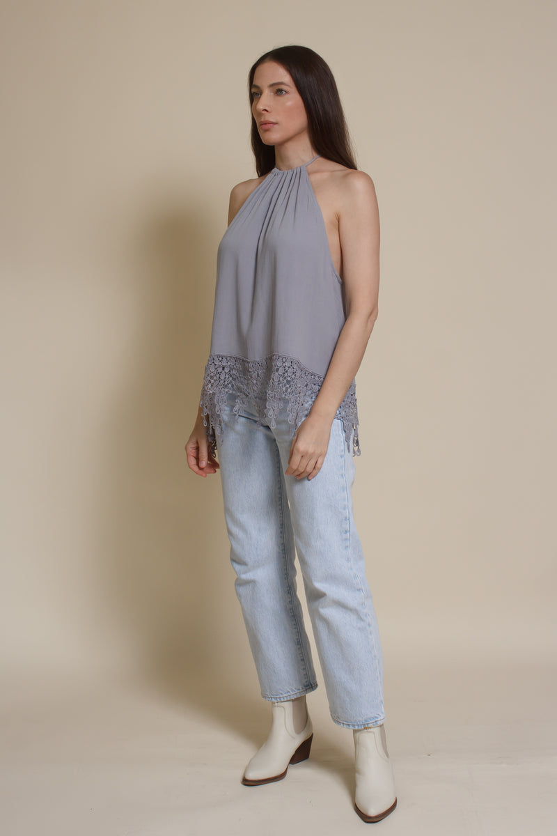 Wishlist lace detail halter top, in blue sage.