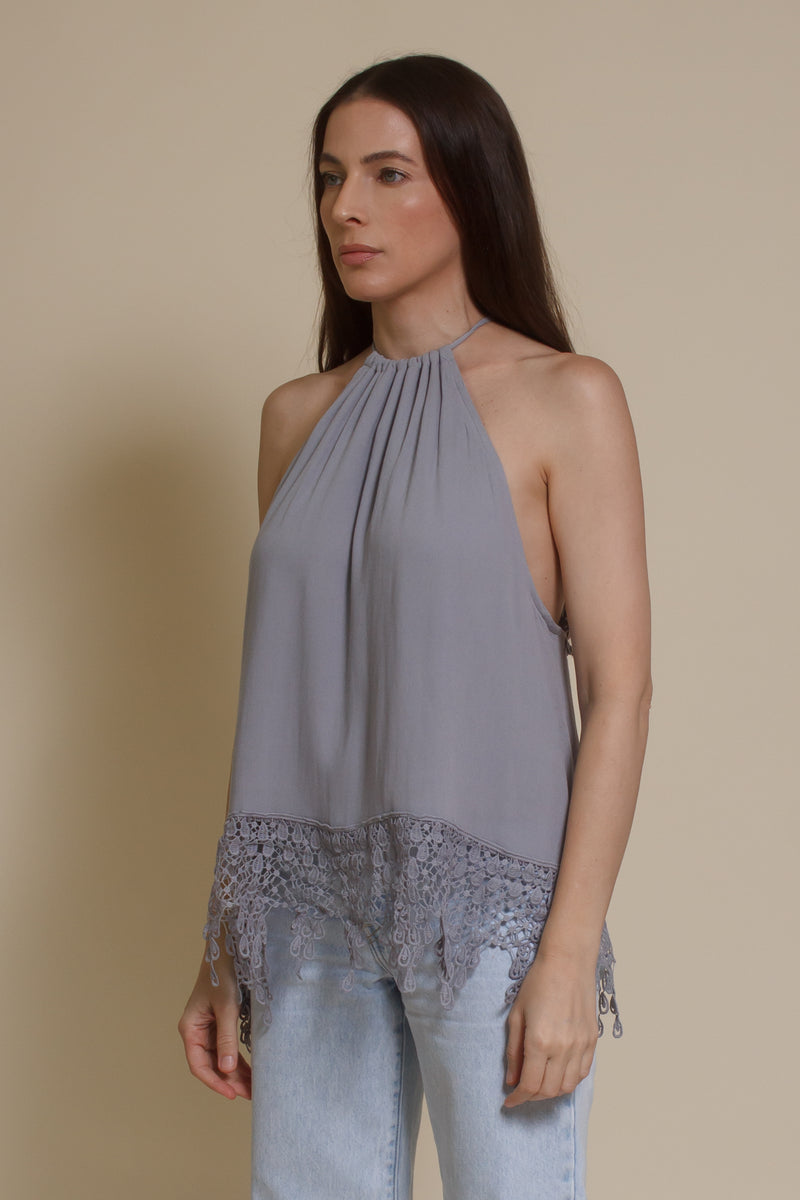 Wishlist lace detail halter top, in blue sage.