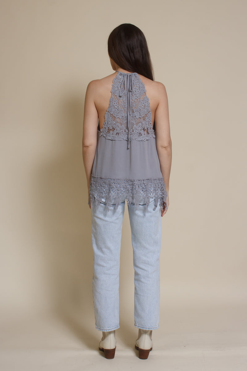 Wishlist lace detail halter top, in blue sage.