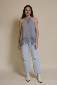 Wishlist lace detail halter top, in blue sage.