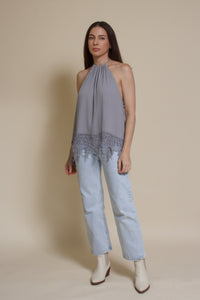 Wishlist lace detail halter top, in blue sage.