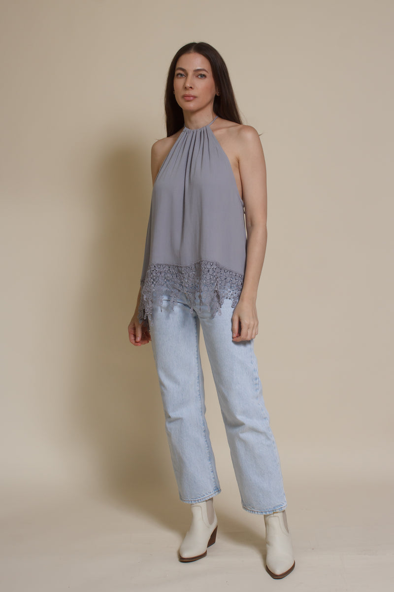 Wishlist lace detail halter top, in blue sage.