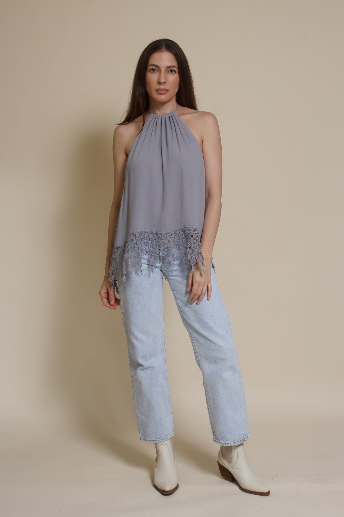 Wishlist lace detail halter top, in blue sage.