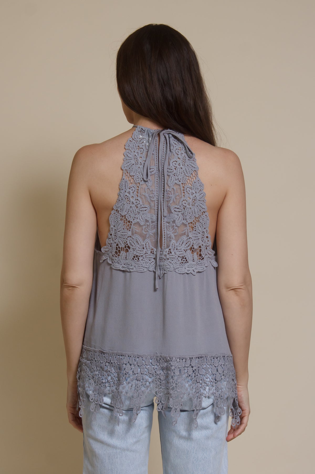 Wishlist lace detail halter top, in blue sage.