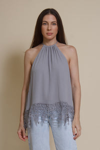 Wishlist lace detail halter top, in blue sage.