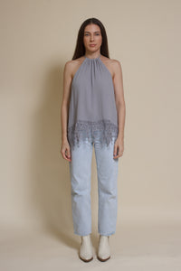 Wishlist lace detail halter top, in blue sage.