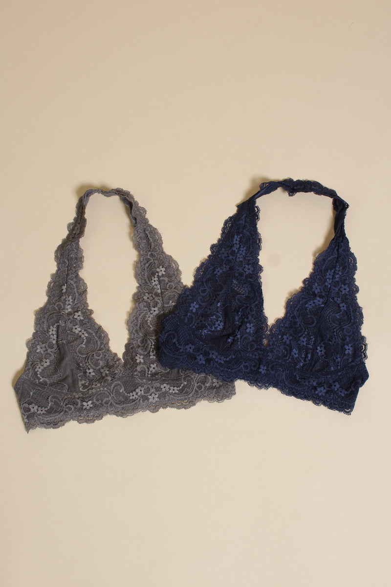 Wishlist lace halter bralette flatlay, in assorted colors.