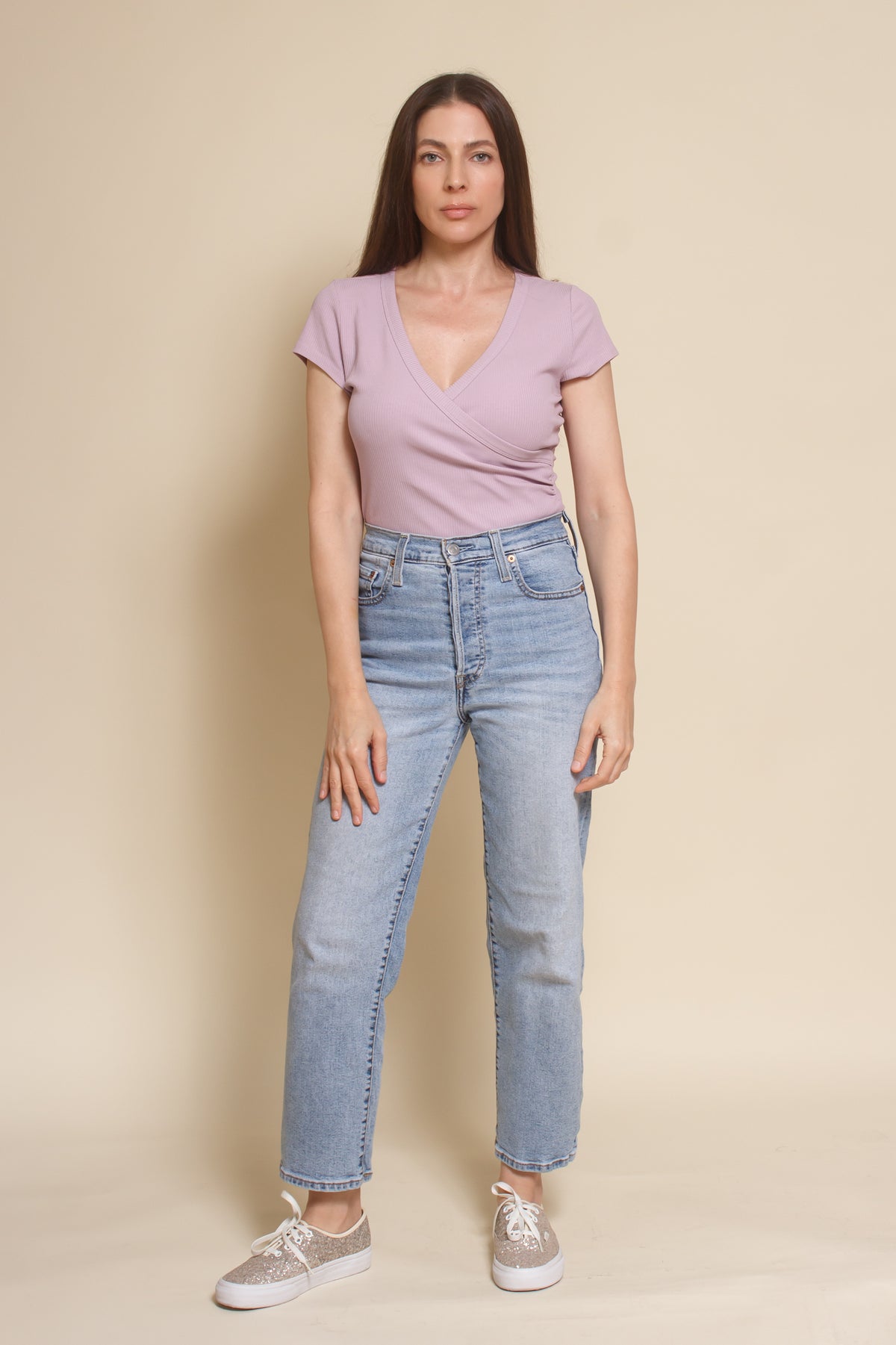 Wishlist ribbed faux wrap bodysuit, in lavender.
