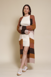 Wishlist long striped cardigan sweater with pockets, in olive combo.