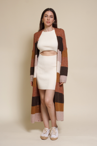 Wishlist long striped cardigan sweater with pockets, in olive combo.