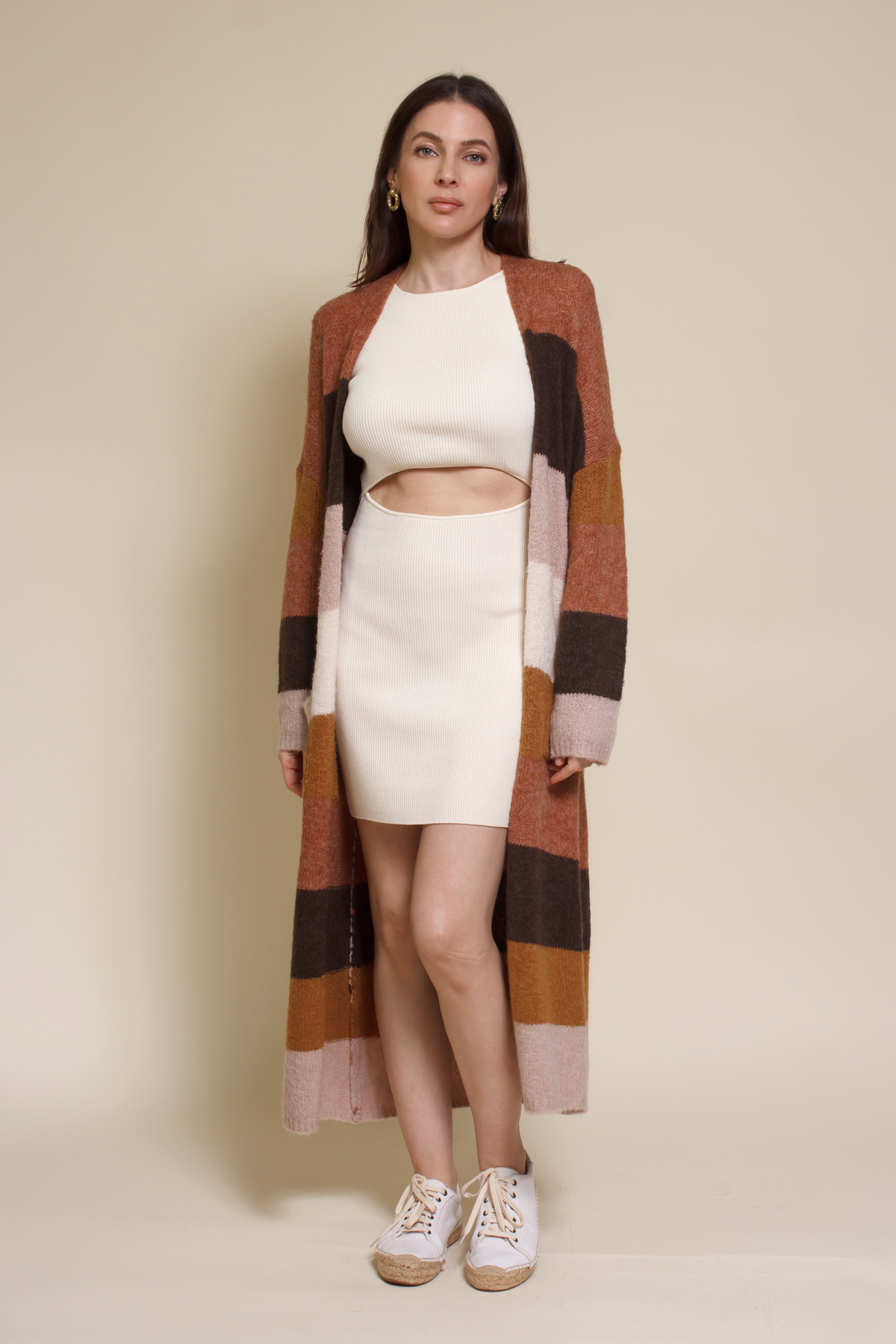 Wishlist long striped cardigan sweater with pockets, in olive combo.
