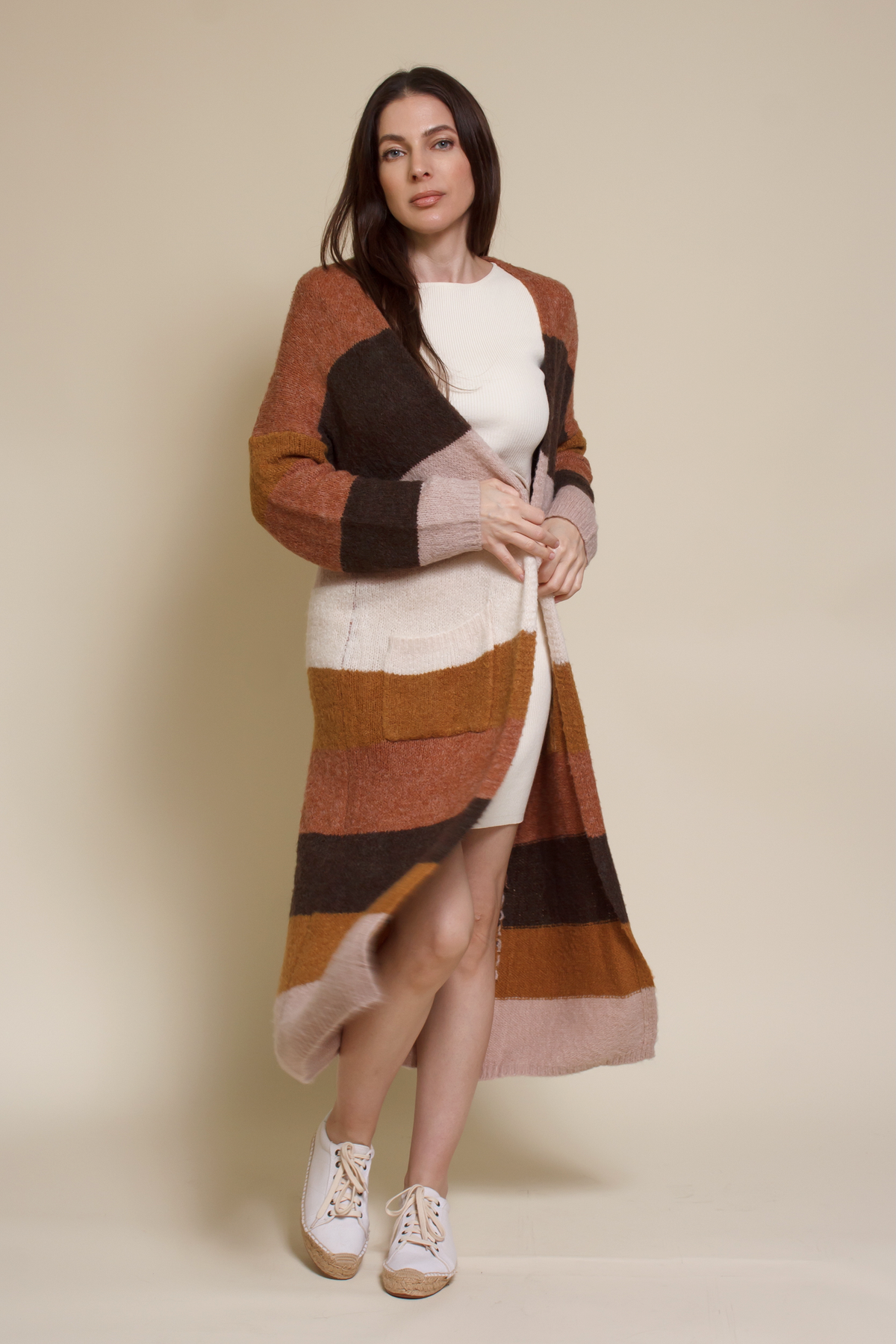 Wishlist long striped cardigan sweater with pockets, in olive combo.