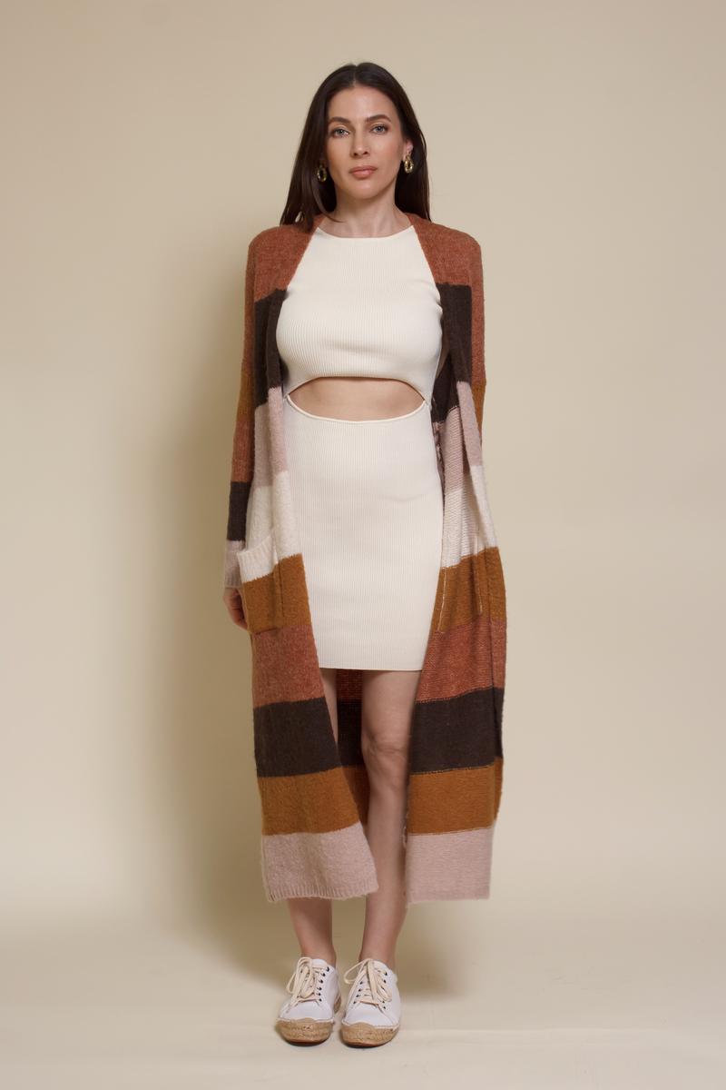 Wishlist long striped cardigan sweater with pockets, in olive combo.