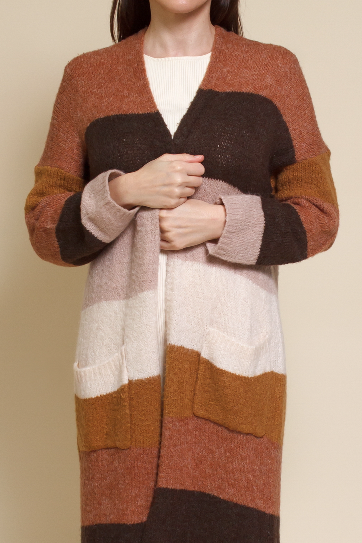 Wishlist long striped cardigan sweater with pockets, in olive combo.