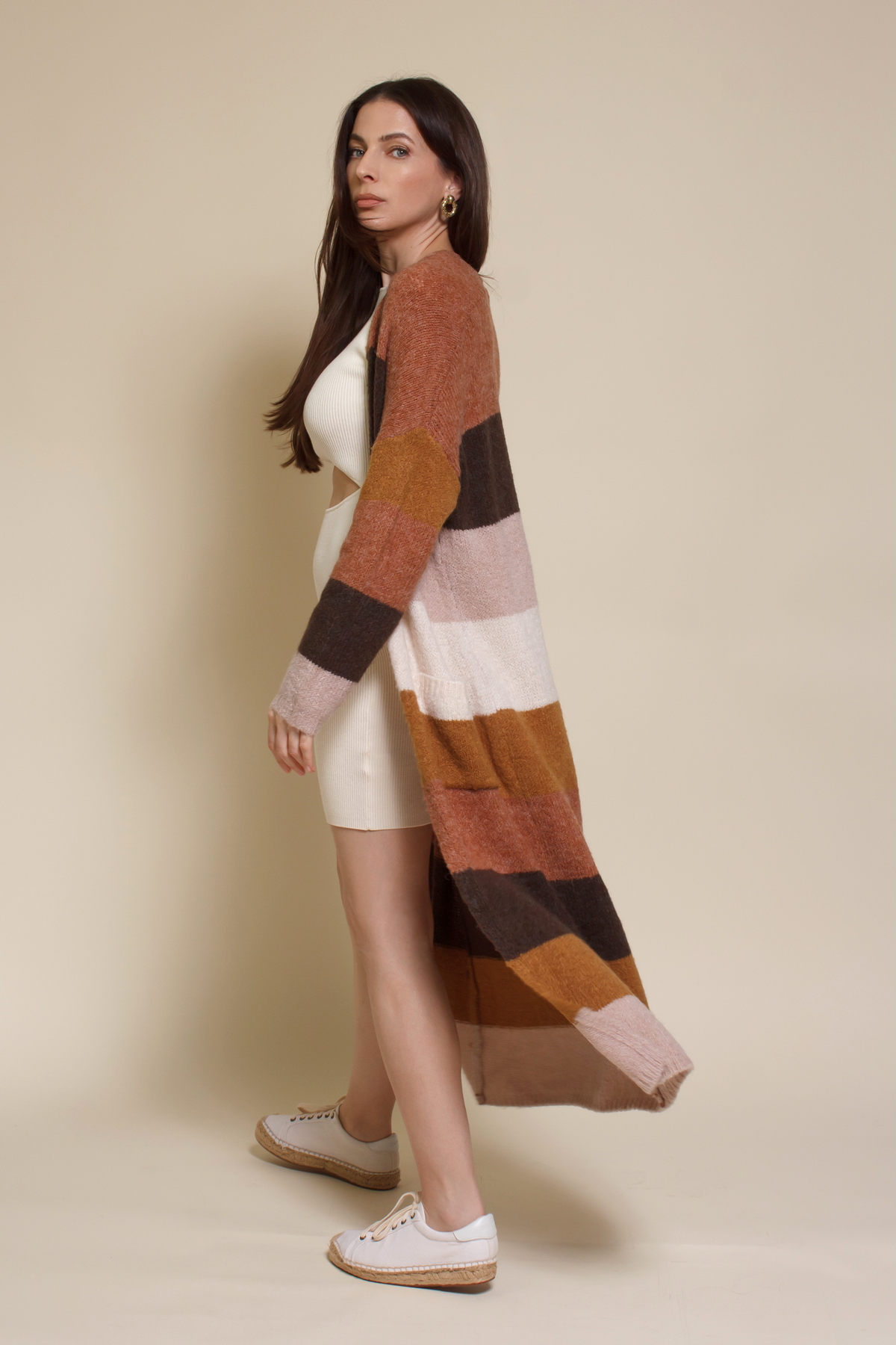 Wishlist long striped cardigan sweater with pockets, in olive combo.