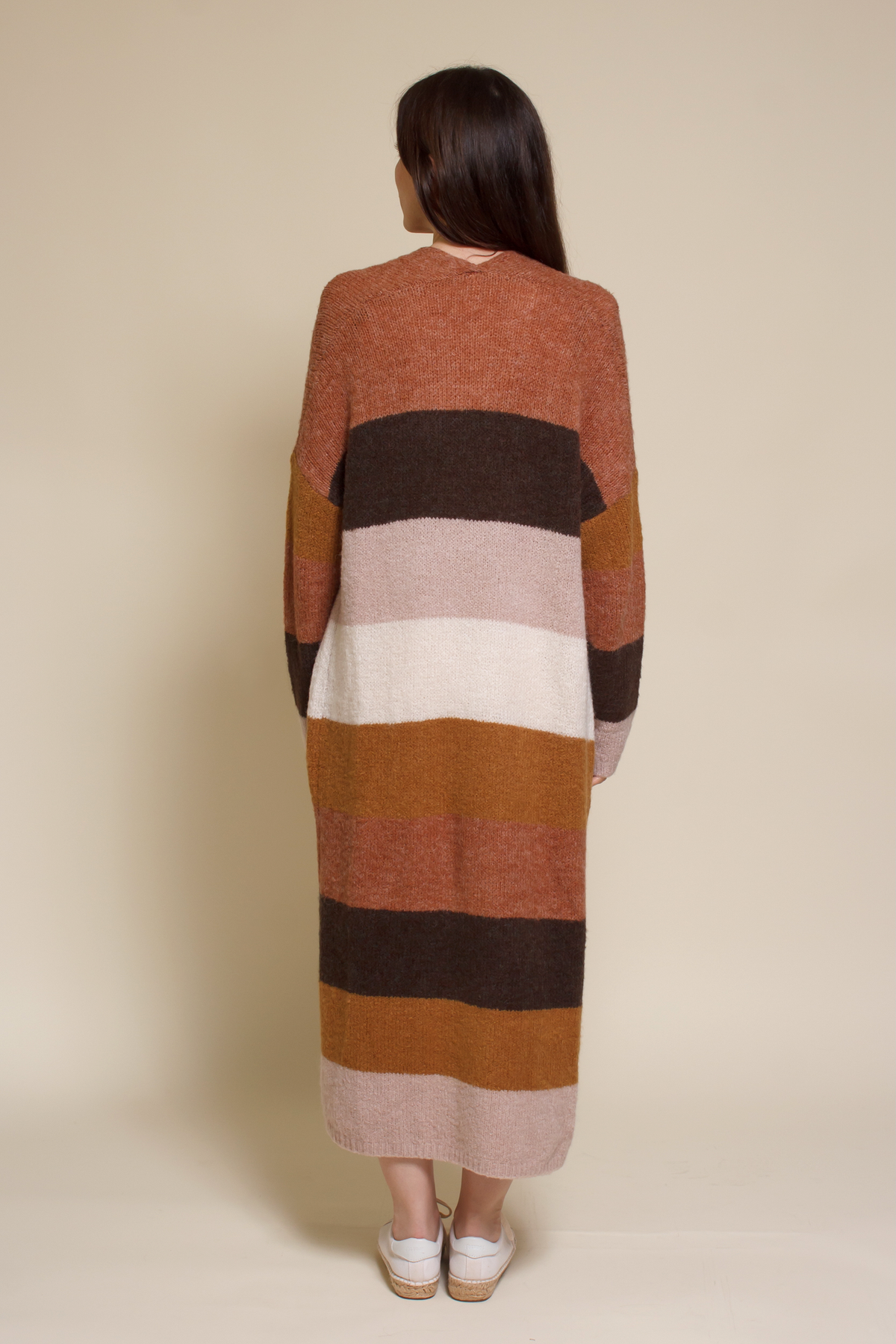 Wishlist long striped cardigan sweater with pockets, in olive combo.
