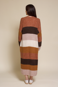 Wishlist long striped cardigan sweater with pockets, in olive combo.