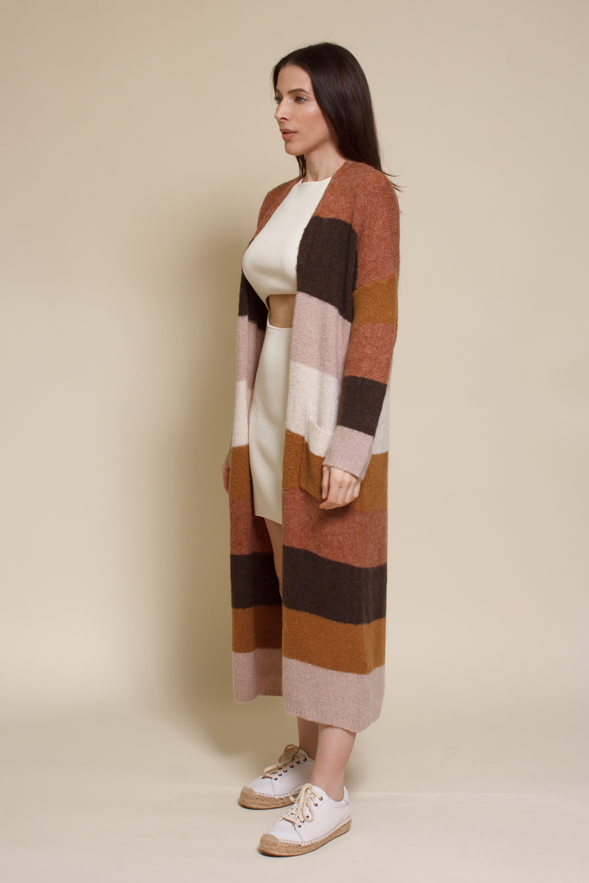 Wishlist long striped cardigan sweater with pockets, in olive combo.