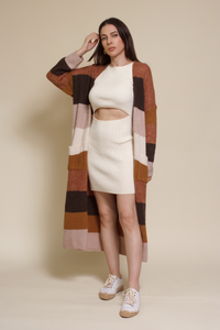 Wishlist long striped cardigan sweater with pockets, in olive combo.