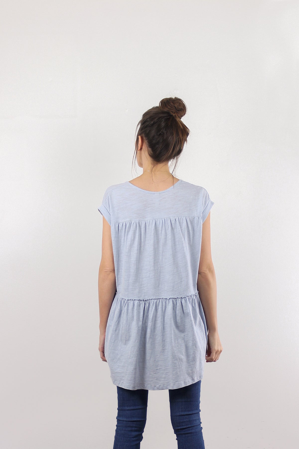 Babydoll style tee shirt, in light blue. 