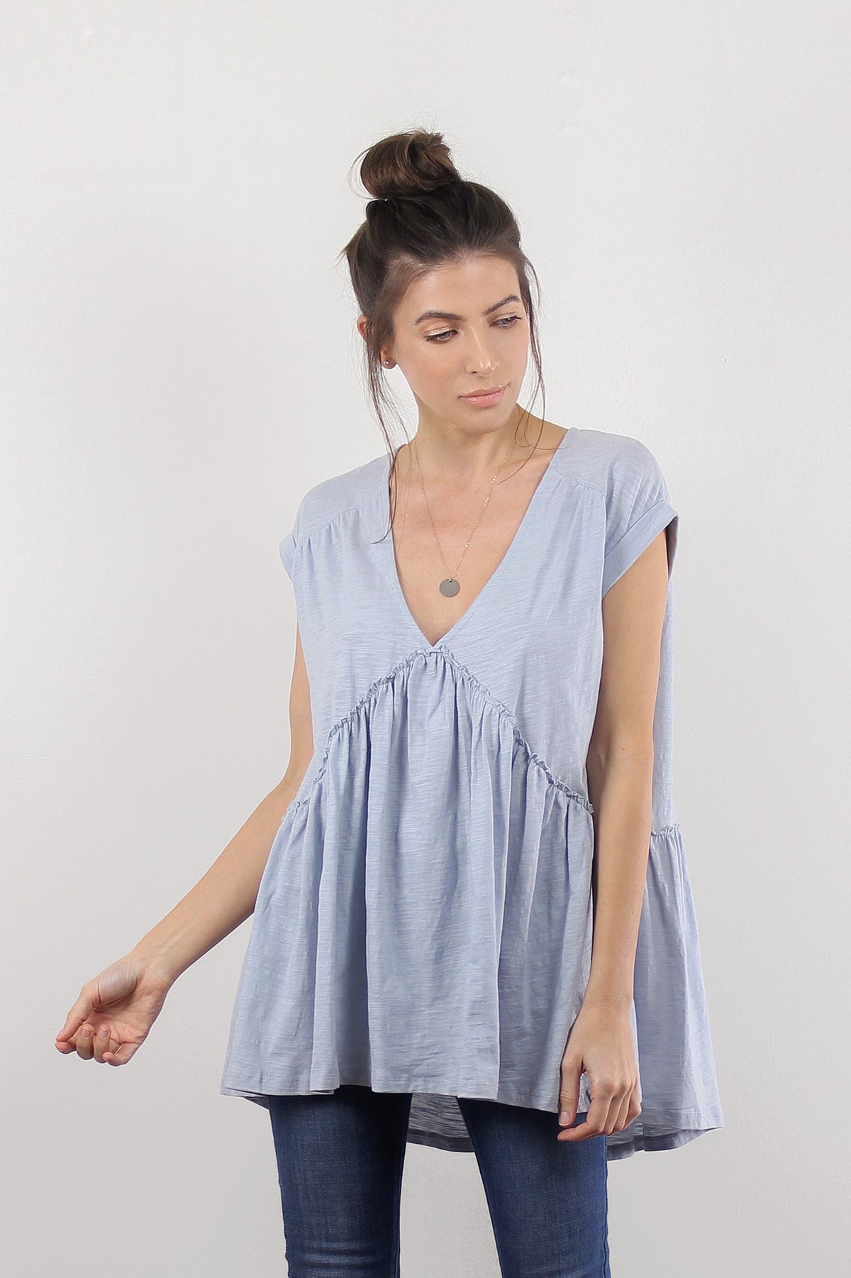 Babydoll style tee shirt, in light blue. Image 6