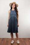 Babydoll style midi dress with exposed back zipper, in midnight blue. Image 2