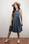 Babydoll style midi dress with exposed back zipper, in midnight blue. Image 3