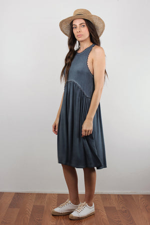 Babydoll style midi dress with exposed back zipper, in midnight blue. Image 4