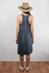 Babydoll style midi dress with exposed back zipper, in midnight blue. Image 5