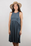 Babydoll style midi dress with exposed back zipper, in midnight blue. Image 6