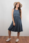 Babydoll style midi dress with exposed back zipper, in midnight blue. Image 7