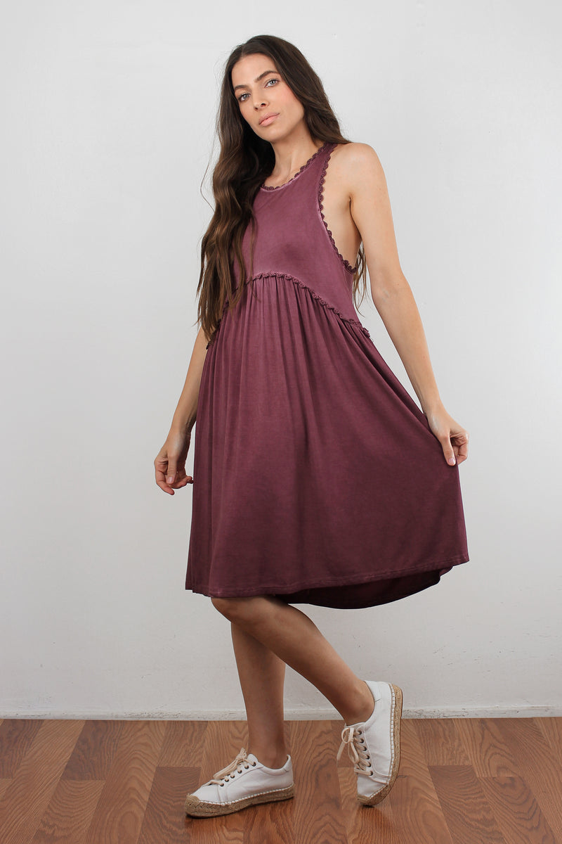 Babydoll style midi dress with exposed back zipper, in burgundy. Image 3