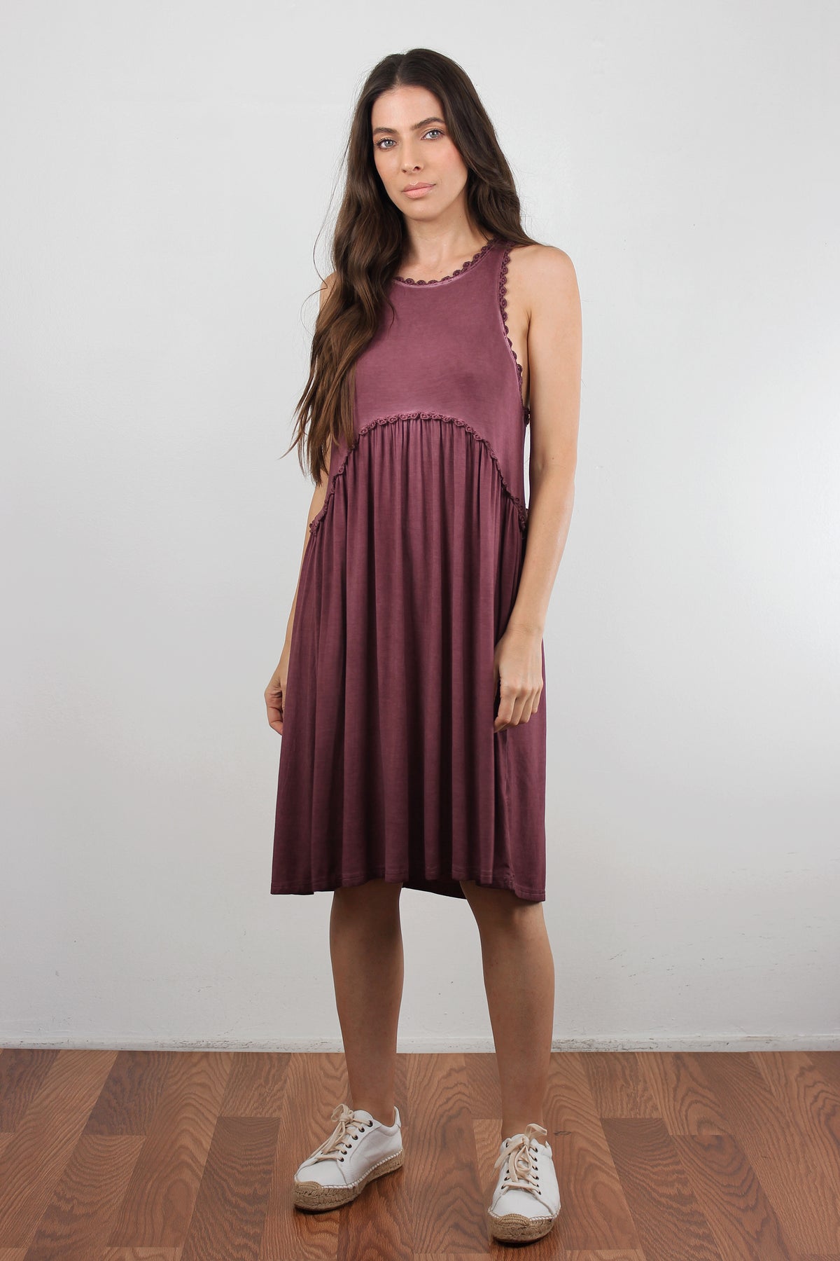 Babydoll style midi dress with exposed back zipper, in burgundy. Image 4