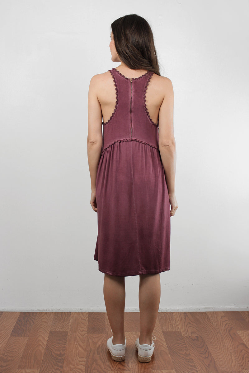 Babydoll style midi dress with exposed back zipper, in burgundy. Image 5