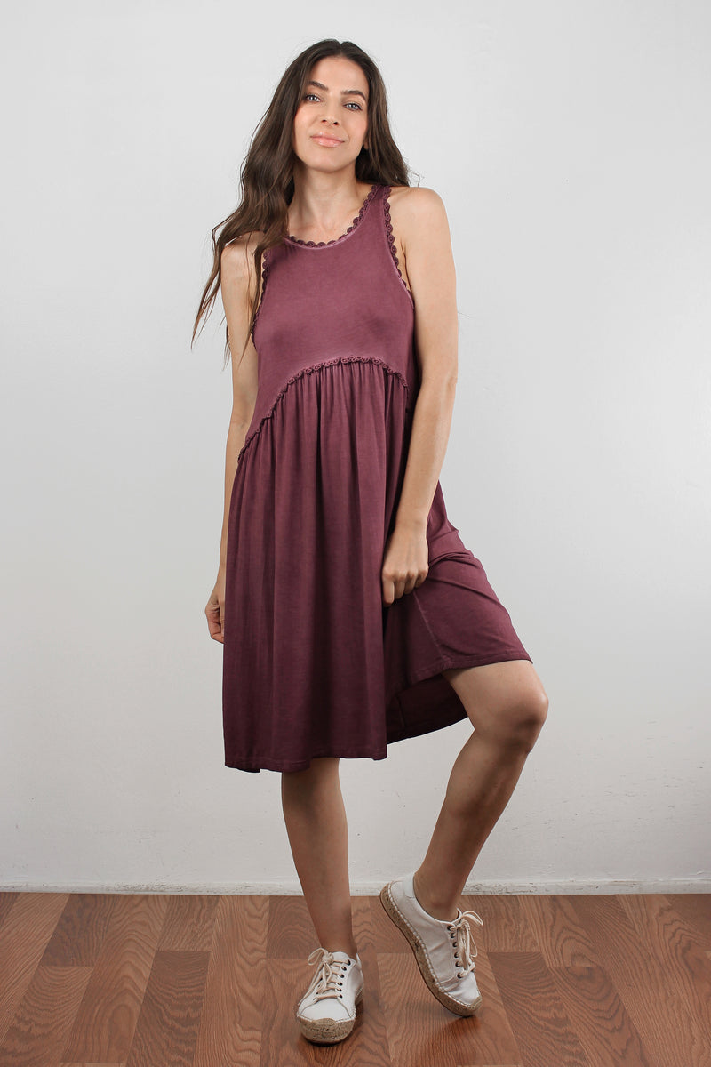 Babydoll style midi dress with exposed back zipper, in burgundy.