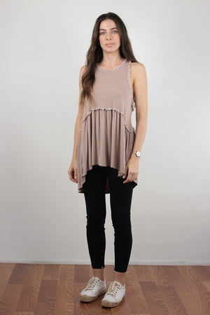 Babydoll style top, with exposed back zipper, in beige. Image 2